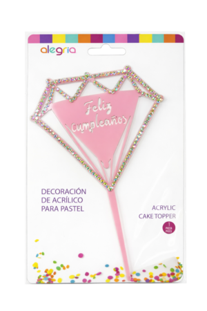 DECORACIÓN DE ACRÍLICO PARA PASTEL DIAMANTE ROSA  FELIZ CUMPLEAÑOS ALEGRÍA 1 PIEZA