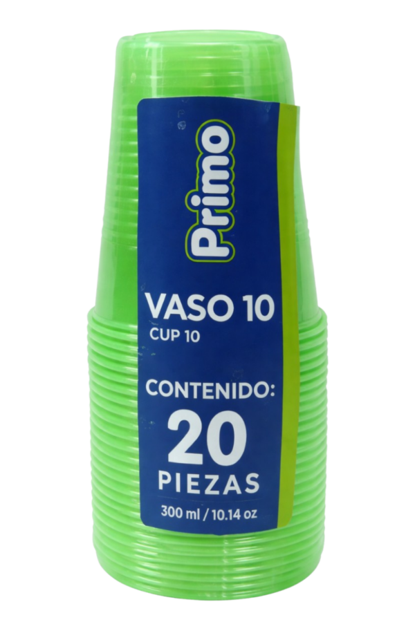 VASO NÚMERO 10 VERDE NEÓN PRIMO 20 PIEZAS