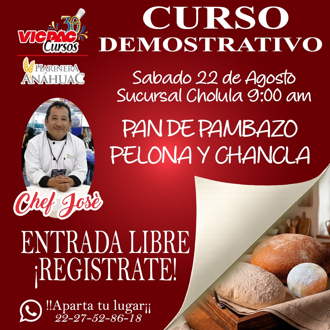 La imagen muestra información general de nuestro curso práctico de Tartas, el cual se llevara a cabo de forma presencial en Vicpac sucursal 11 sur el día 22 de agosto de 2026, el curso tiene un costo de $450, aparta tu lugar al 2227528518